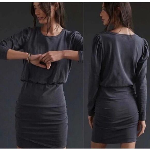 Anthropologie Sundry Puff Sleeve Shirred Dress in Carbon Size M - Picture 2 of 7